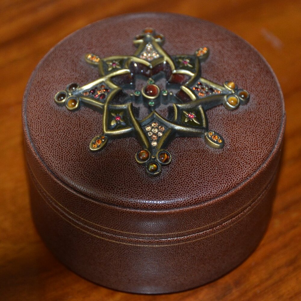 RARE JAY STRONGWATER SCROLL LEATHER CRYSTAL ENAMEL ITALIAN JEWELRY TRINKET BOX